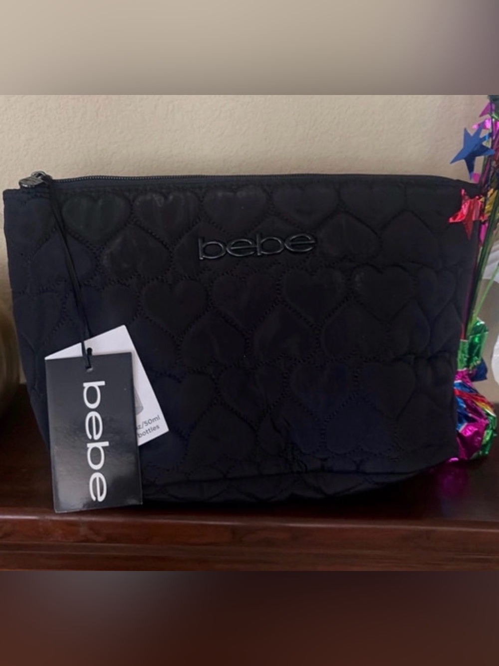 Bebe Quilted Heart Cosmetic Pouch - Black NWT